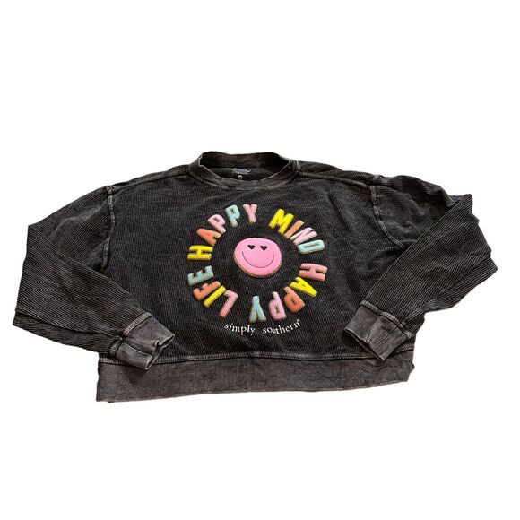 Simply Southern Sweatshirt Happy Mind Happy Life Womens Medium Gray Cropped - Picture 2 of 9